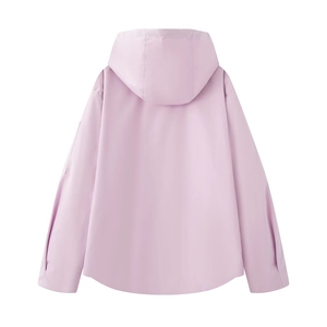 Back view of light purple hooded outdoor jacket with minimalist curved hem design