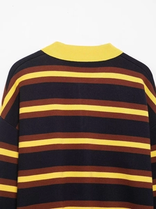 Detailed close-up of blue and yellow striped knit sweater showing neckline texture