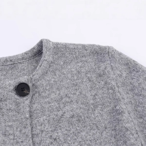 Elegant grey knit coat with round neck and premium button detail for women