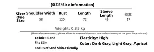 Detailed size chart for oversized loose half-zip knit sweater including measurements in cm
