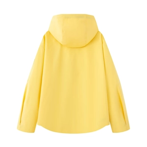 Rear view of vibrant yellow hooded jacket featuring a curved hem and smooth waterproof fabric
