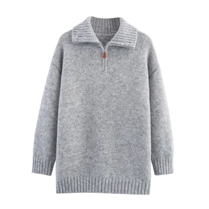 Women Half Zip Knitted Sweater Loose Fit Lapel Long Sleeve Ribbed Blended Warm Pullover Casual Fall Winter Fashion Top