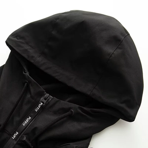 Detail of hooded jacket neckline featuring PUFFIT branding on zipper and drawstring