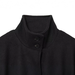 Women's black high-neck wool blend cape coat with elegant double-button stand collar