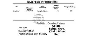 Detailed size chart and core-spun yarn material info for women's knit sweater