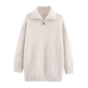 Oversized oatmeal knit sweater featuring half-zip lapel and ribbed texture details