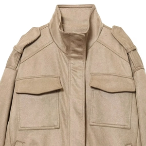 Western-style khaki faux suede utility jacket with high collar and cargo pockets