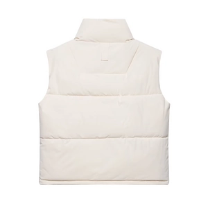 Rear view of off-white padded vest with horizontal quilting and a high stand collar