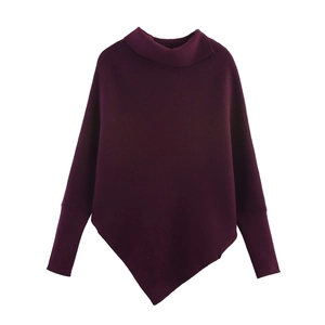 Women's deep burgundy turtleneck sweater with asymmetric hem and ribbed knit texture