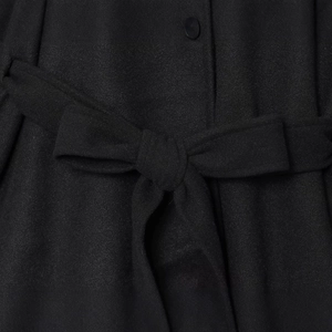 Women's loose black wool-blend poncho coat featuring a stylish tie-waist bow belt