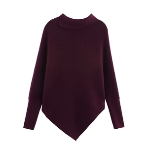 Asymmetrical batwing sleeve knit sweater with ribbed texture and deep purple funnel neck
