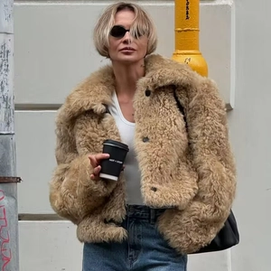 Women Faux Fur Teddy Jacket Warm Curly Plush Short Coat Lapel Button Down Outwear Solid Color Streetwear Outerwear