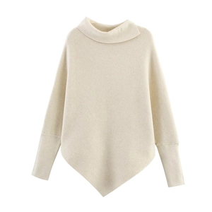 Chic cream white high-neck knit poncho sweater with asymmetric hem and ribbed texture