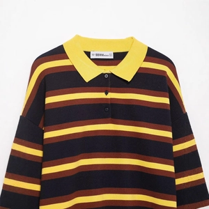 Striped knit polo sweater with long sleeves in yellow, brown and black for women
