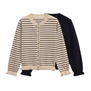 Cardigan En Maille Rayé Pour Femmes Col Rond Bordure à Volants Manches Longues Boutons Pull Mode Streetwear Vêtements D'extérieur