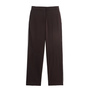 Women's High Waist Straight Leg Pants Casual Contrast Side Stripe Trousers Minimalist Streetwear Polyester Bottoms Coffee