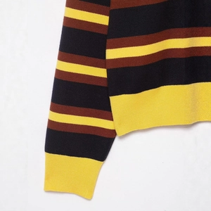 Women's casual striped knit sweater with polo collar in black, brown and yellow pattern