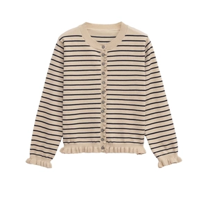 Gilet en tricot beige pour filles avec rayures noires et détails de bords à volants