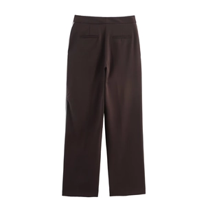 Deep brown high-waisted wide-leg trousers featuring white side stripes and back pockets