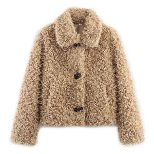Short faux fur teddy jacket for women with lapel collar and buttons in camel color