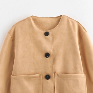 Women's minimalist faux suede round neck jacket with buttons and large front pockets
