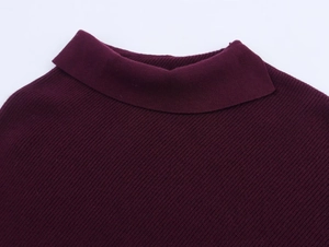 Close-up of wine red ribbed knit sweater collar showing fine texture and turtleneck detail