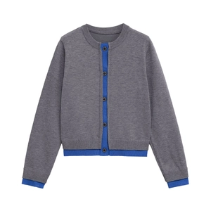 Women's Elegant Knitted Cardigan Jacket Round Neck Long Sleeve Button Up Contrast Color Splicing Chic Outwear Sweater