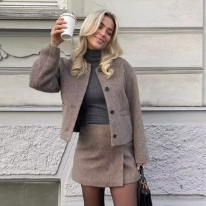 Women European Style Round Neck Short Woolen Jacket Solid Color Loose Casual Polyester Outerwear For Autumn Winter