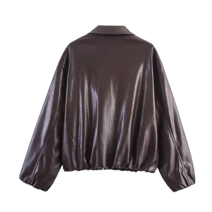Deep brown faux leather bomber jacket with drop shoulder and elastic hem back view