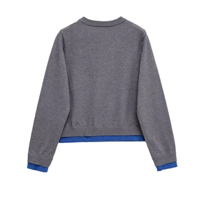 Dark grey long sleeve knit sweater with contrast royal blue ribbed trim on hem and cuffs