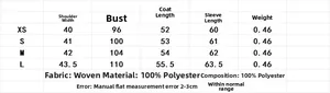 Size chart for women's soft short jacket with XS-L dimensions and polyester fabric detail