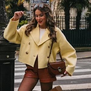Cappotto di Lana Corto Doppiopetto Casual da Donna Revers Largo Tinta Unita Giallo Capispalla Elegante Streetwear Giacca