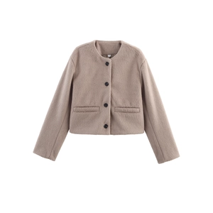 Short wool-blend round neck jacket in light brown with buttons on white background