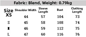 Detailed size chart for faux suede jacket with measurements for XS to L sizes