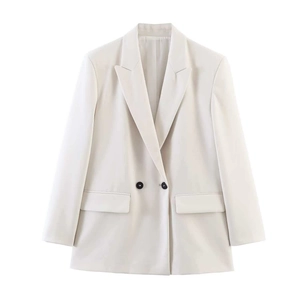 Off-white oversized double-breasted blazer for women with notch lapels and flap pockets