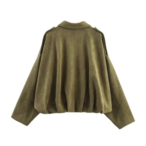 Rear view of olive green faux suede bomber jacket with epaulets and gathered hem detail