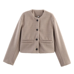 Women's light brown wool blend cropped jacket with round neck and black buttons