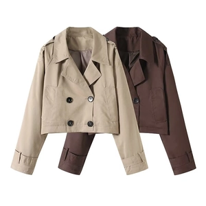 Women Elegant Cropped Trench Coat Double Breasted Lapel Windproof Jacket With Epaulettes Fashion Casual Short Outwear