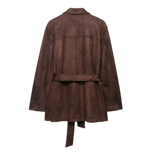 Women's dark brown faux suede jacket with belt and stitched back detail on white background