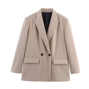 Women's khaki double-breasted oversized blazer with peak lapels and flap pockets