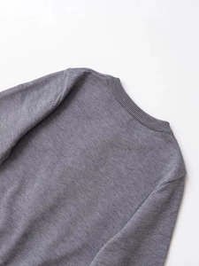 Close-up of the crew neck and back collar stitching on this grey knit cardigan sweater