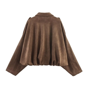 Macro shot of dark brown faux suede bomber jacket with elasticated hem and oversized back
