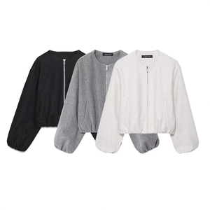 Veste Bomber en Lainage Femme Col Rond Fermeture Éclair Manches Lanterne Couleur Unie Chaud Manteau Court Élégant Décontracté