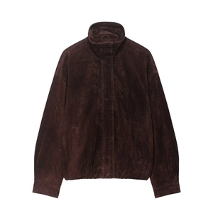 Giacca oversize in finta pelle scamosciata marrone scuro con collo alto e stile retrò