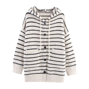 Women Casual Striped Hooded Knit Cardigan Loose Button Down Sweater Coat With Drawstring Pockets Warm Long Sleeve Outerwear