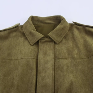 Vintage olive green faux suede bomber jacket with classic collar and shoulder epaulettes