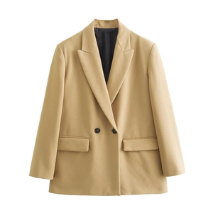 Detailed view of khaki double-breasted blazer showing buttons and flap pockets