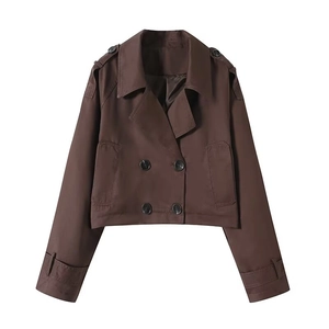 Women's cropped double-breasted trench coat in dark coffee with classic lapels and epaulets