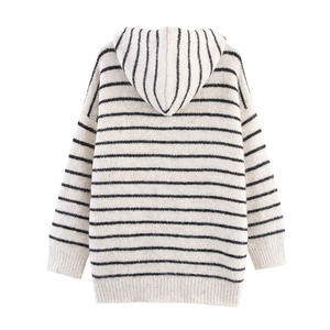 Women's oversized cream hooded knit cardigan with classic black horizontal stripes