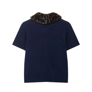 Navy short sleeve knit cardigan with leopard print collar and ribbed hem details